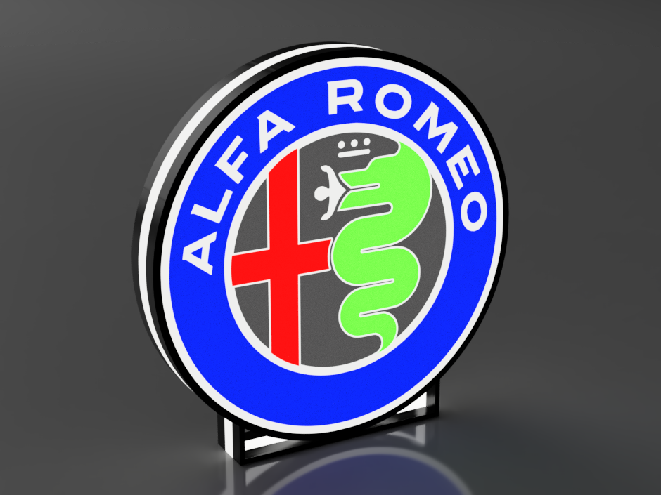 Grote LED-lamp met het 3D-geprinte logo van Alfa Romeo